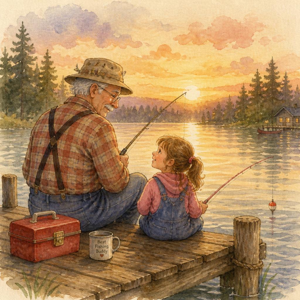 Watercolor illustration of a grandfather and granddaughter fishing at sunset on a lake dock